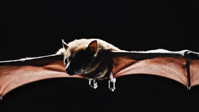Flying bat silhouetted against dark