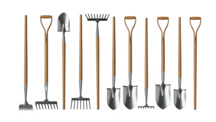 A row of gardening tools, including shovels, rakes, and a hoe, against a black background
