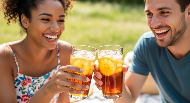Couple enjoying iced tea outdoors on a sunny day