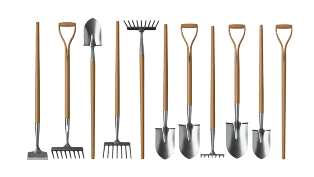 A row of gardening tools, including shovels, rakes, and a hoe, against a black background