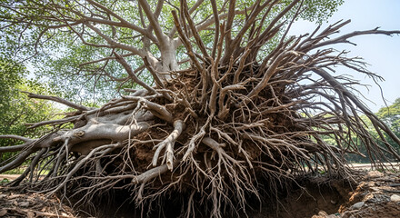 Large Uprooted Tree with Exposed Roots in Natural Outdoor Setting
