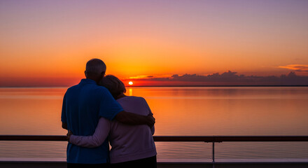 Romantic senior couple embracing on a cruise ship deck, enjoying the beautiful and peaceful sunset over the ocean