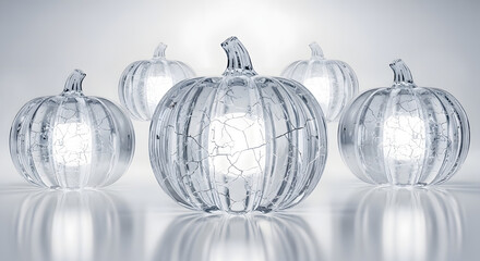 Transparent crystal glass pumpkins with glowing white cores 3D rendering abstract holiday background