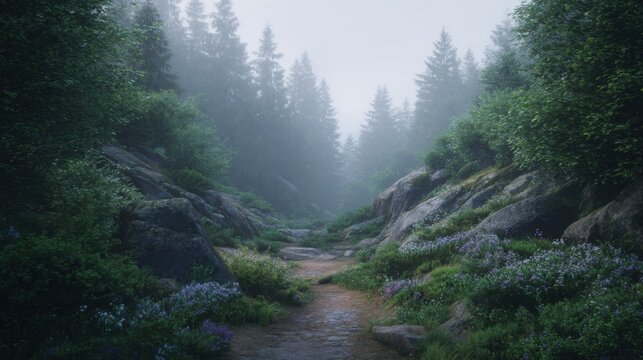 Serene Foggy Forest Path with Lush Greenery and Rocky Terrain in Morning Light