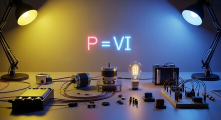 Explore electrical engineering concepts with a glowing power voltage current formula, perfect for educational science projects and technology innovation visuals