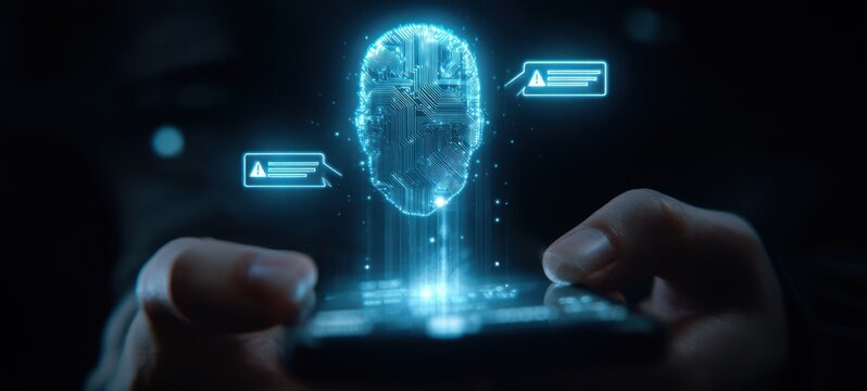 The Holographic AI Face Projected Above a Smartphone Illuminating Hands in Dark
