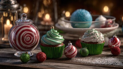 Festive Desserts with Colorful Cupcakes and Holiday Decorations for a Cozy Winter Celebration