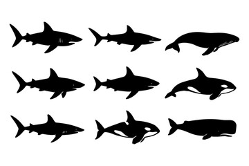 Fototapeta premium Silhouettes of sharks and whales in various poses on white background.