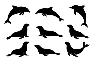 Obraz premium Silhouette collection of dolphins and seals in various poses.