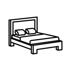 Simple line art illustration of a bed with two pillows, representing a hotel room or bedroom, isolated on