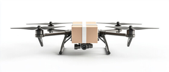 A drone carrying cargo hovering above the ground symbolises a revolution in logistics, speeding up the delivery of goods — an excellent backdrop for discussing the future of transport technology.