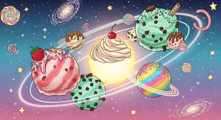Fantasy solar system made of ice cream scoops and candy planets in outer space vector illustration