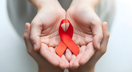 Red ribbon symbolizing aids awareness held in caring hands