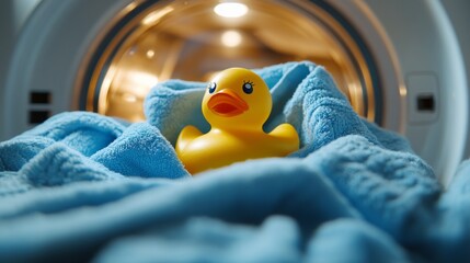 A rubber duck sits among blue fabrics in a washing machine, creating a cute scene that would make an original backdrop for advertising household appliances or detergents.