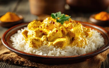 Creamy chicken curry with rice, garnished with parsley on a rustic wooden table