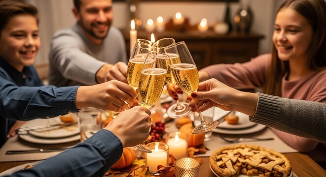 Family toasting champagne at festive dinner table