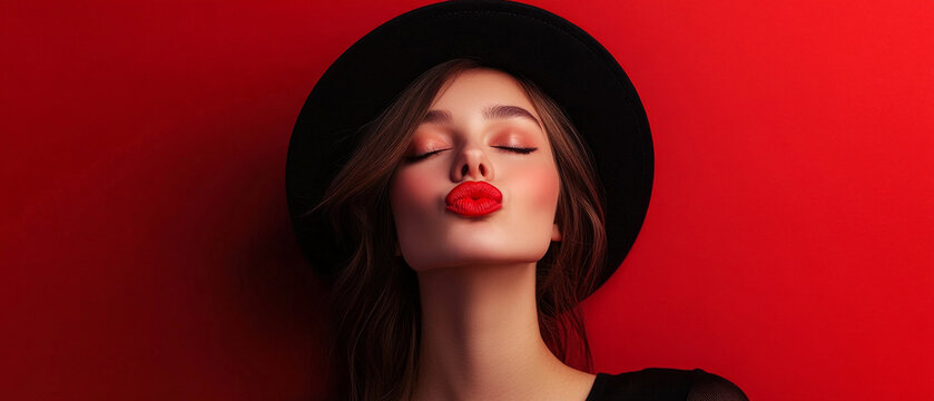 A stylish blonde in a black hat with bright makeup conveys elegance and confidence, which will serve as an atmospheric backdrop for fashion magazines or cosmetics advertisements.