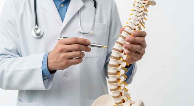 Cropped shot of a doctor pointing at a vertebra on a spine model with a pen. Professional orthopedist holding anatomical skeleton mockup isolated on white background.
