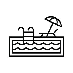 Line art illustration of a swimming pool with a ladder, lounge chair, and umbrella, representing relaxation and vacation