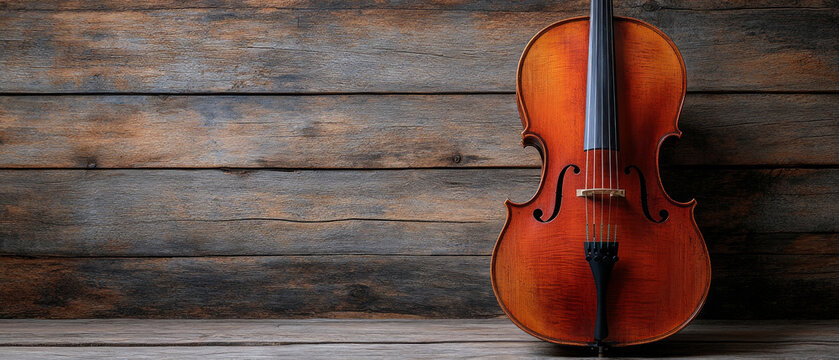 A cello solo on a wooden floor by a plank wall embodies the harmony of classical music and is suitable as an artistic backdrop for concert event posters. - Powered by Adobe