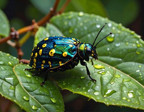 Close-up macro of a vibrant insect on a lush green leaf, covered in droplets, a natural beauty captured