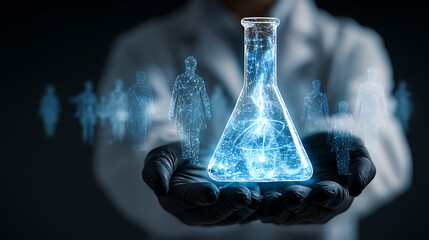Scientist holding glowing flask with digital human figures lab coat black gloves