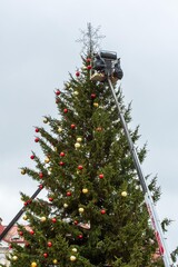 Workers decoration the Christmas tree with baubles in Cathedral square in Vilnius, Lithuania
