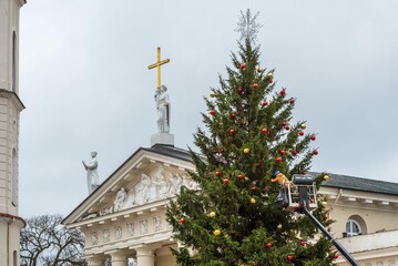 Workers decoration the Christmas tree with baubles in Cathedral square in Vilnius, Lithuania