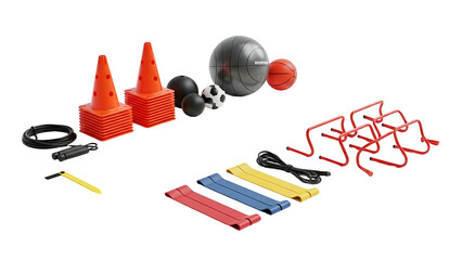 Fitness equipment cones, hurdles, balls, resistance bands, jump rope on black