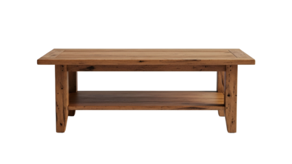 A weathered, rectangular coffee table with a lower shelf, isolated on a black background