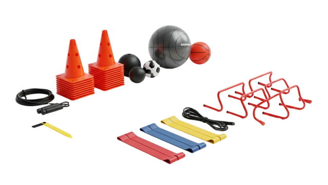 Fitness equipment cones, hurdles, balls, resistance bands, jump rope on black