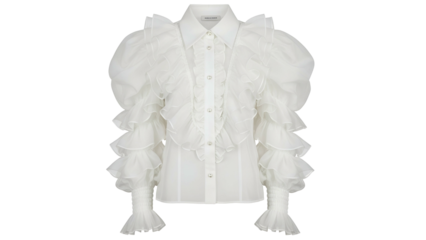 White blouse with exaggerated ruffled sleeves and a ruffled front