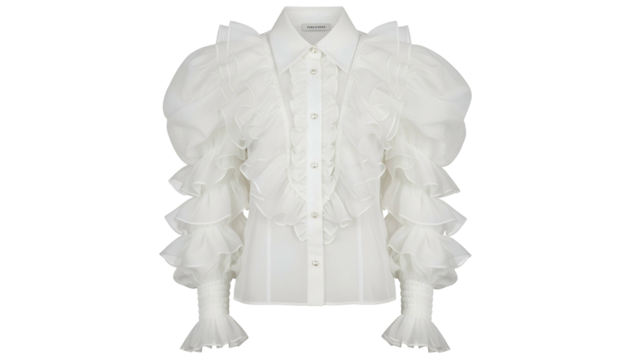 White blouse with exaggerated ruffled sleeves and a ruffled front