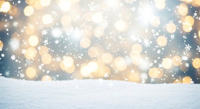 Magical winter snowfall with golden bokeh lights
