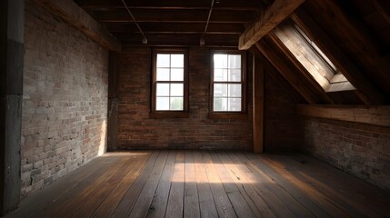 Empty rustic loft interior with exposed brick walls wooden beams and sunlight streaming through