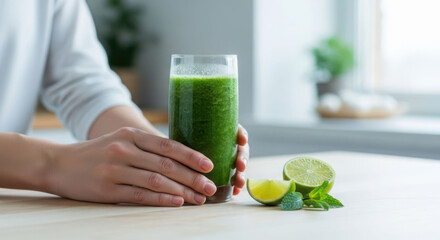 Woman's hands holding a glass of healthy green smoothie with fresh lime and mint on a wooden table, healthy lifestyle concept