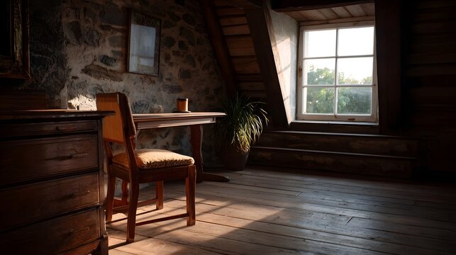 An old attic room with wooden floor stone wall desk chair and a window letting in golden hour sunlight