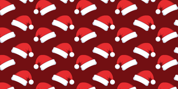 Festive seamless pattern of classic red and white Santa Claus hats on a deep red background. Ideal for Christmas, winter holiday designs, wrapping paper, fabric, and digital backgrounds.