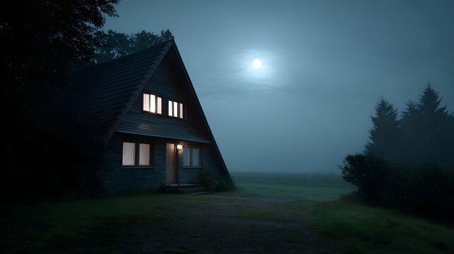 A rustic A frame cabin glows with warm interior lights on a foggy moonlit night