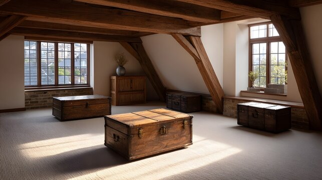 Vintage attic room with antique wooden trunks and timber beams illuminated by warm sunlight casting shadows