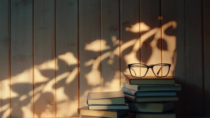 Video A stack of books with glasses perched on top, great for academic or literary themes