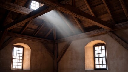 Sunlit attic interior with rustic wooden beams and atmospheric light rays piercing through dust