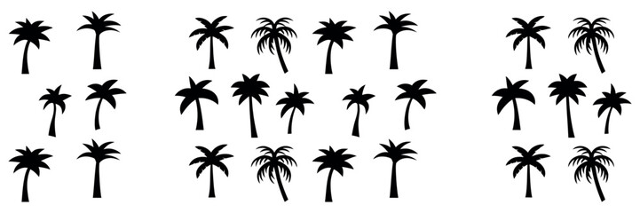 Palm trees arranged in diverse tropical styles and varying sizes, perfect for beach themes, summer vacation graphics, exotic nature illustrations, and island-inspired design projects