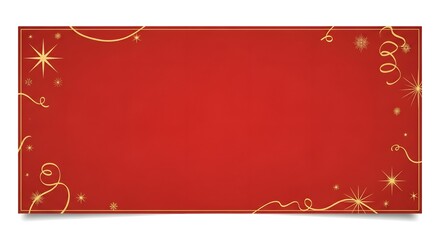 A festive red holiday banner framed with elegant gold stars, swirling ribbons, and sparkles.