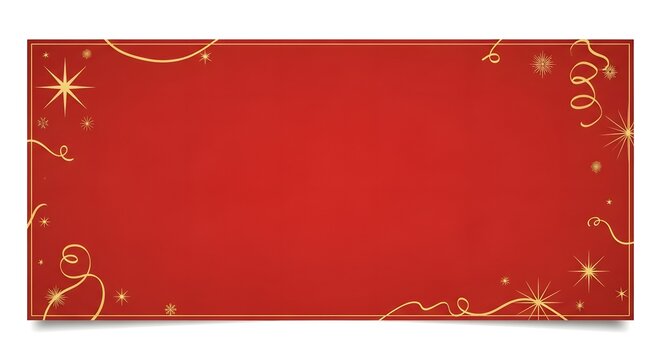 A festive red holiday banner framed with elegant gold stars, swirling ribbons, and sparkles.