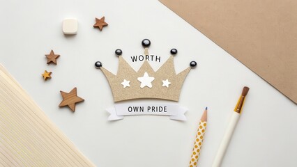 Gold crown with worth message on white flat lay backdrop