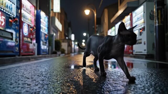 Hairless cat walks on wet street at night