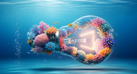 Glowing lightbulb filled with colorful coral and marine life underwater concept of ocean conservation 3D rendering