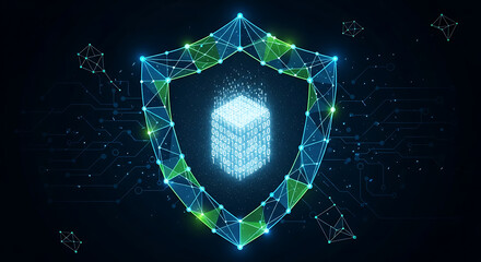 Abstract digital shield guarding binary data cube, cybersecurity