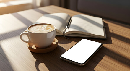 Coffee cup and smartphone on wooden table with open notebook